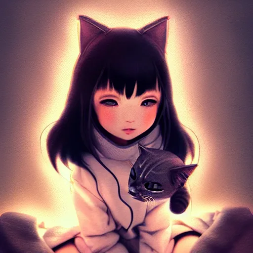 Image similar to very small little girl in a cat hoodie by ross tran, sitting in a dark room by sana takeda, rtx reflections, very high intricate details, digital anime art by artgerm, medium shot, mid - shot, composition by ilya kuvshinov, lighting by greg rutkowski