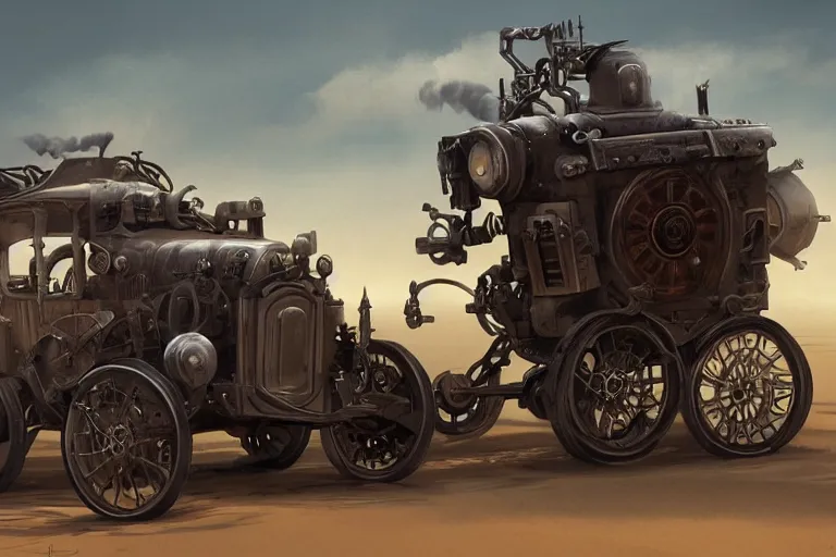 Image similar to a steam powered robot car, out in the desert, fantasy, dark, steam punk , artstation, concept art, smooth, sharp focus, illustration,