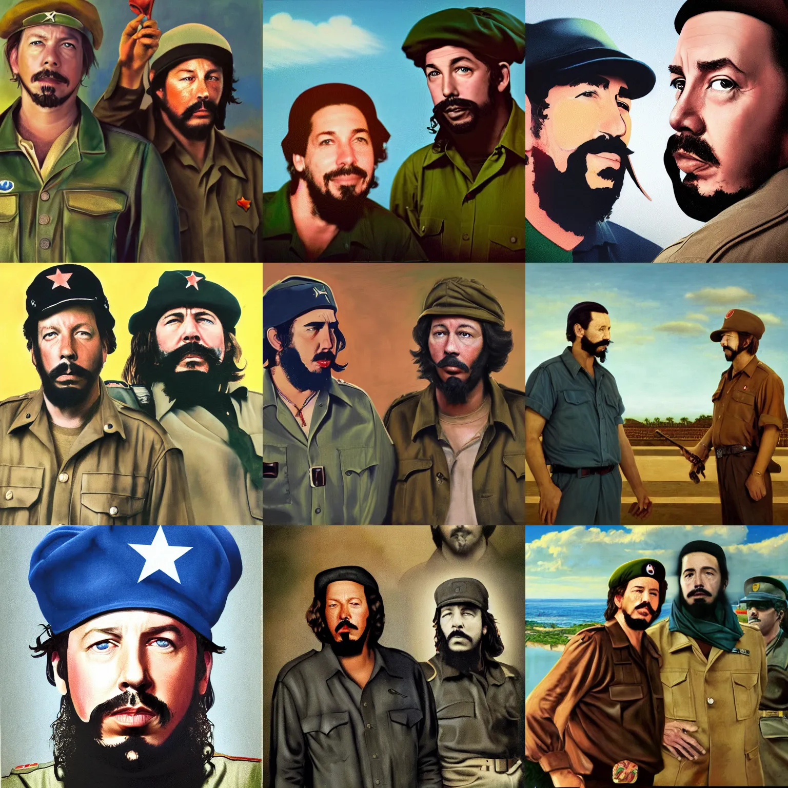 Prompt: Adam Sandler as fidel castro and David Spade as che guevara both standing, David Spade, Adam Sandler, cuban revolution, oil on canvas by Edward Robert Hughes, digital art, trending on artsation, octane render