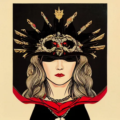 Image similar to Illustrated by Shepard Fairey and H.R. Geiger | a renaissance style portrait painting of raven winged female vampire in VR helmet, wearing a crown and cape, dark background