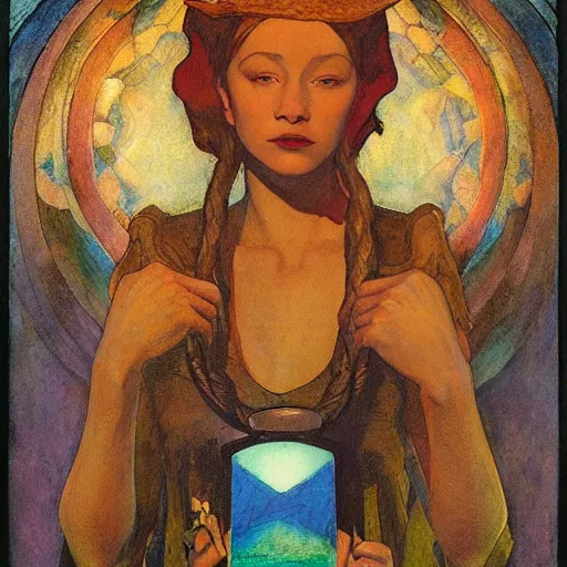 Image similar to the dawn queen with her lantern, by annie swynnerton and diego rivera and nicholas roerich, symbolist, dramatic lighting, elaborate geometric ornament, art brut, smooth, sharp focus, extremely detailed, leo and diane dillon, adolf wolfli, soft pastel colors