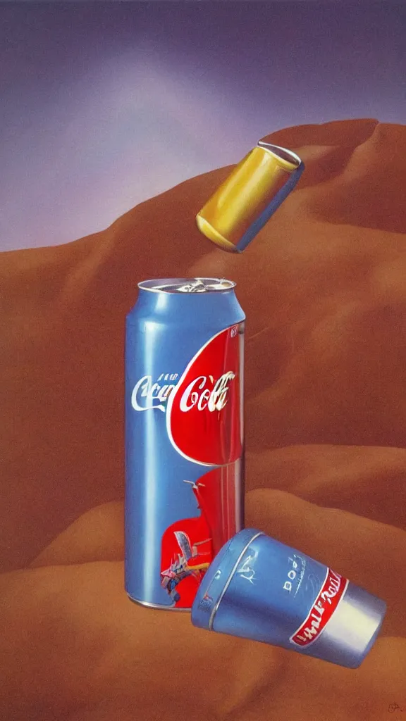 Image similar to 1 9 8 0 s airbrush surrealism illustration of a can of coke by roger dean