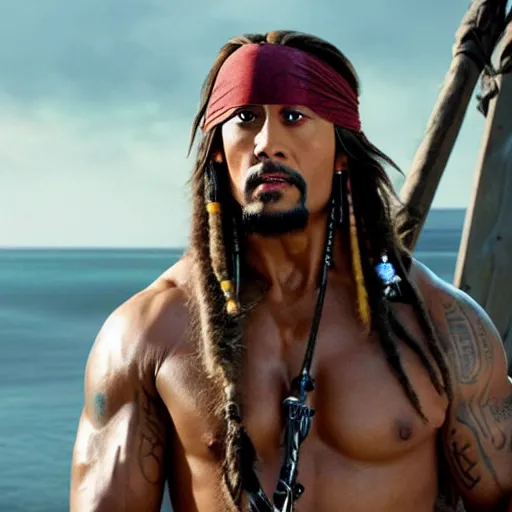 Prompt: Dwayne Johnson as jack sparrow, film still