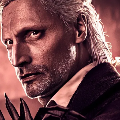 Prompt: mads mikkelsen as gerald the witcher doing igni, fire, concept art, high definition, professional photography, 8 k