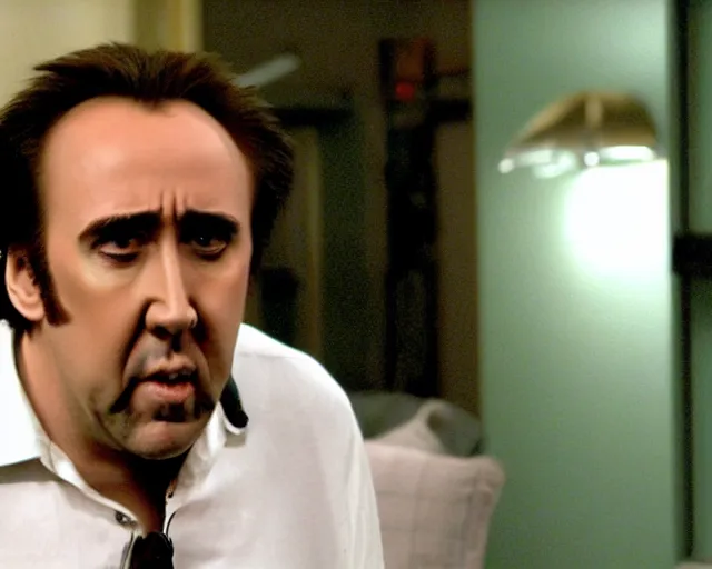 Prompt: nicolas cage cameo in the it crowd ( 2 0 0 6 ), channel 4, episode still, 4 8 0 p