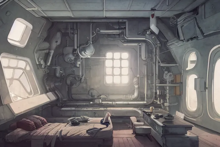 Prompt: single bedroom quarters inside 1960s rocket ship with gray metallic factory engine walls, details, sharp focus, intricate, high definition, retro, sci-fi, digital Art, 3D, Jordan Grimmer, greg rutkowski, WLOP, Studio Ghibli,