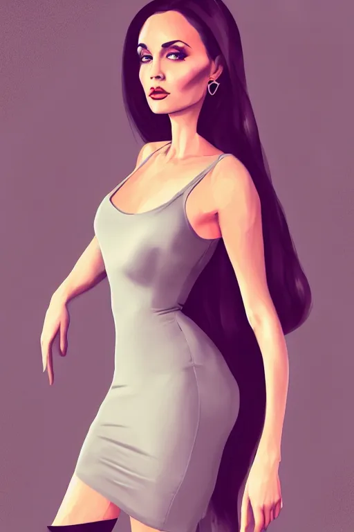 Image similar to full length illustration of very beautifully female looking like angelina jolly with amazing body figure, wearing tight dress, ponytail haircut, digital painting, trending on art station and devian art, pop art, low polygons illustration