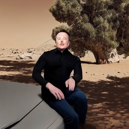 Prompt: elon musk sadly smoking weed while sitting under a tree on mars