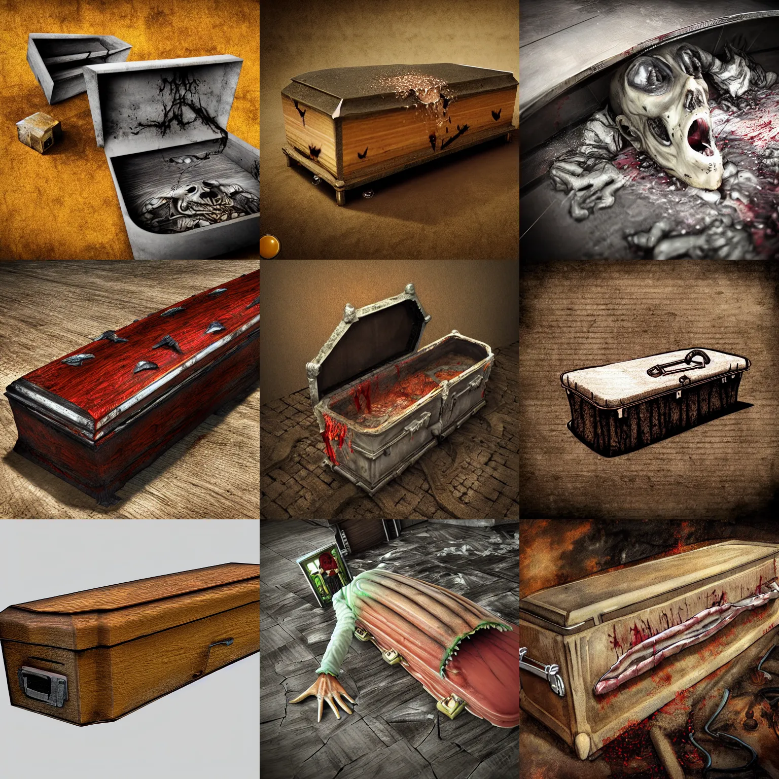 Prompt: greasy coffin, horror scene, detailed, photorealistic