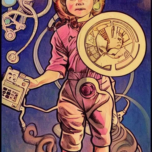 Image similar to a cute little girl with a mischievous face and short brown wavy curly hair. she is dressed as an astronaut. well composed, clean elegant painting, beautiful detailed face. comic book art by steve ditko and jack kirby and ( alphonse mucha )