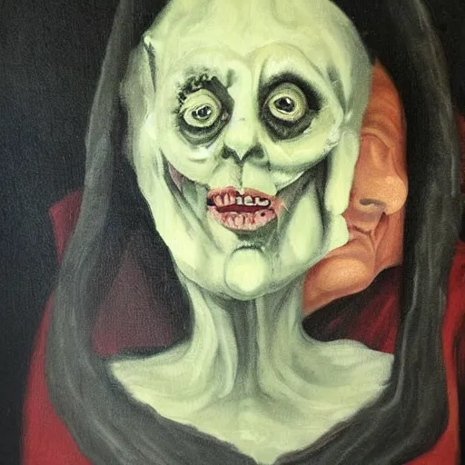 Image similar to creepy old cursed witch watching you sleep, eerie, haunted, oil painting