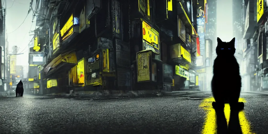 Image similar to a big black cat standing on the back paws and wearing yellow raincoat, cat is standing in the dark corner of a small badly lit street of a cyberpunk city