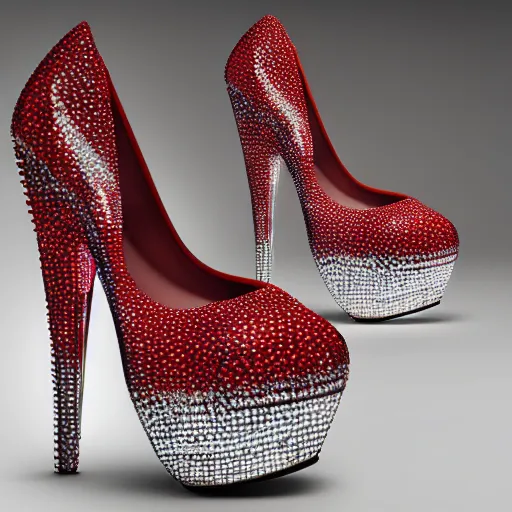 Prompt: High heels, futuristic, red soles, curved, with sparkling gems on top, realistic, showcased on a shelf, high detail, photorealistic, shining