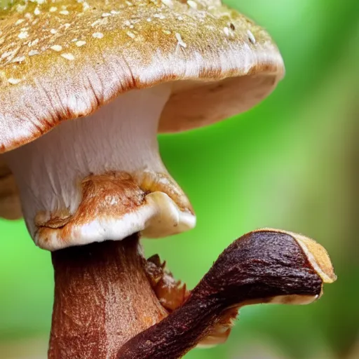 Prompt: real iphone photo of a carnivore mushroom with teeth, few insects corpses next to it