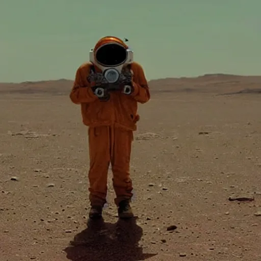 Image similar to a film still of 'Interplanetary Homeless Bum on Planet Mars' (2012)