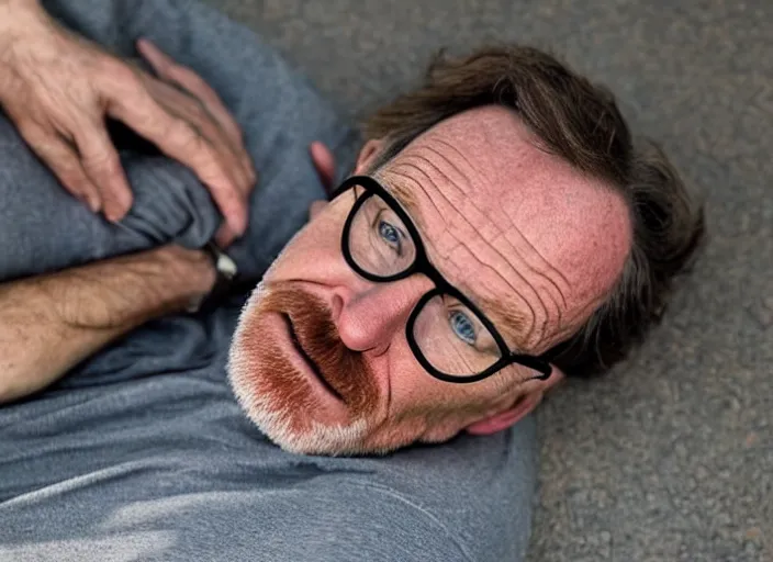 Prompt: bryan cranston with a beard, black reading glasses while laying on a smooth concrete floor