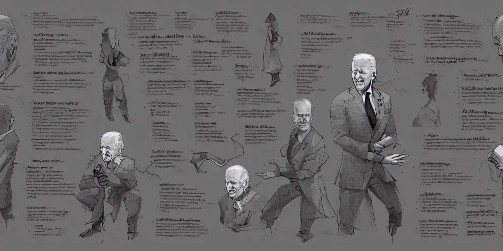 Image similar to joe biden, character sheet, concept design, contrast, kim jung gi, greg rutkowski, zabrocki, karlkka, jayison devadas, trending on artstation, 8 k, ultra wide angle, pincushion lens effect