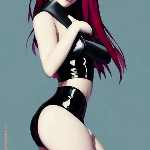 Image similar to a beautiful young japanese billie eilish kat dennings alluring instagram model in elaborate latex tank top, by guweiz and wlop and ilya kuvshinov and artgerm and makoto shinkai and studio ghibli, symmetrical eyes, aesthetic, gorgeous, stunning, alluring, attractive, artstation, deviantart, pinterest, digital art