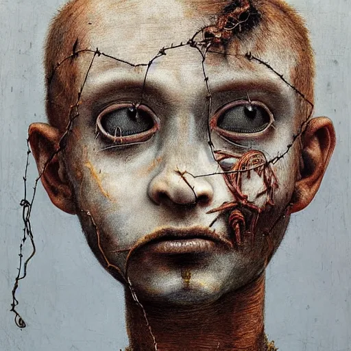 Image similar to a boy made of barbed wire looking into camera, screaming in pain, by giuseppe arcimboldo and ambrosius benson, renaissance, intricate and intense oil paint, a touch of beksinski and hr giger and edward munch, realistic