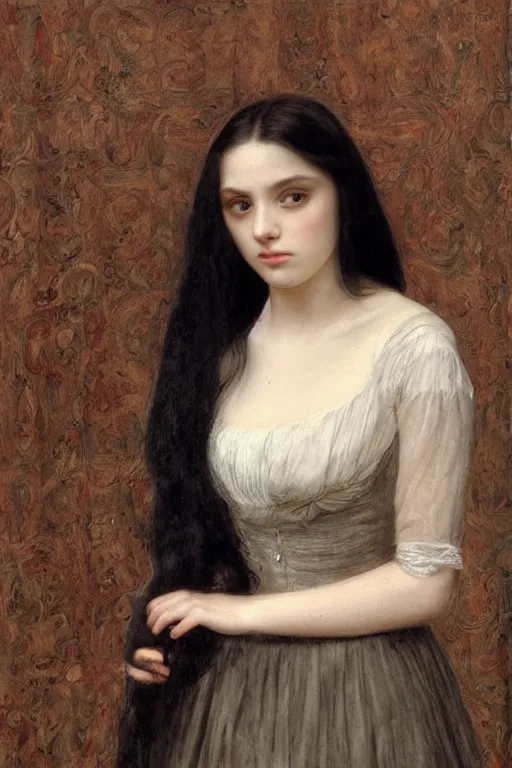 Prompt: picture portrait,(((((((((((((young woman's face))))))))))))), long black hair, pale skin, digital render, super-detailed , by Millais