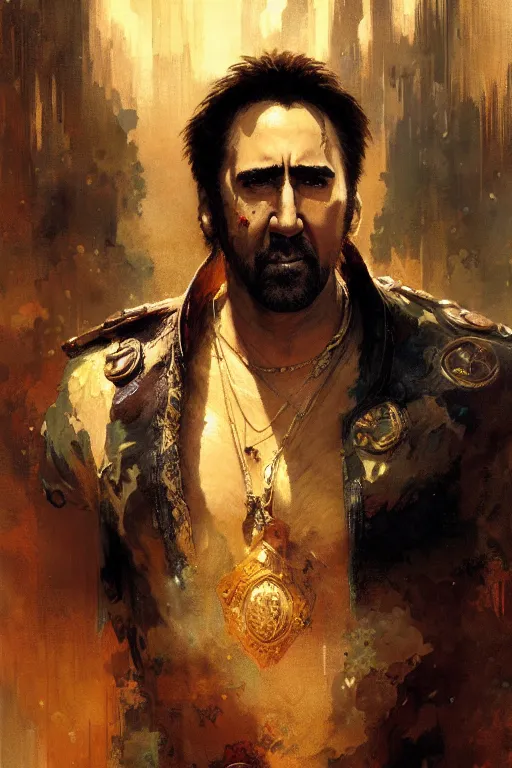 Image similar to nicolas cage portrait dnd, painting by gaston bussiere, craig mullins, greg rutkowski, yoji shinkawa