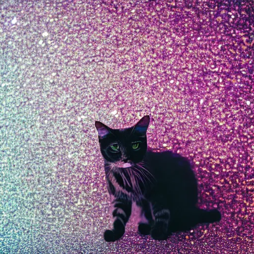 Prompt: a photo of a cat in a cloud of falling glitter, duochrome,, f 1. 4