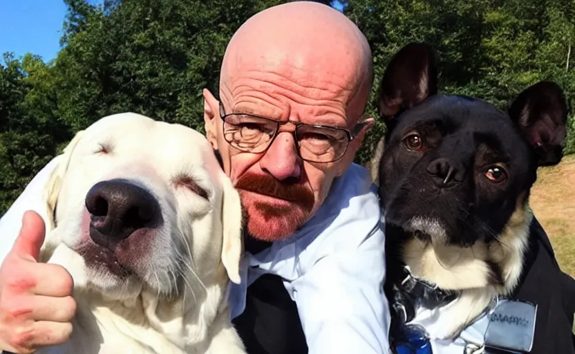 Image similar to walter white giving a thumbs up next to his dog, photo, selfie, trending, wholesome, supportive,