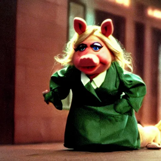 Image similar to movie still of miss piggy starring as trinity in the matrix 1 9 9 9 movie