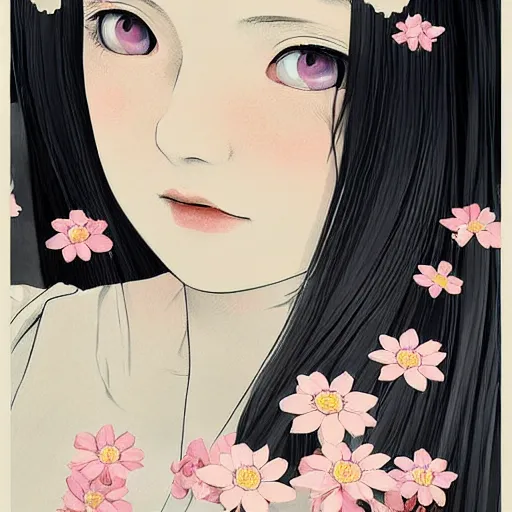 Image similar to little girl with her long black hair dressed in a simple white dress putting flowers on hair, anime art style, digital artwork made by ilya kuvshinov, inspired in balthus