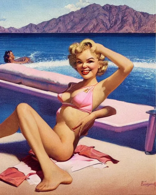 Image similar to tuesday weld in a pink bikini, tuesday weld half immersed in water in a palm springs midcentury swimming pool by gil elvgren, by mort kunstler, by earl norem