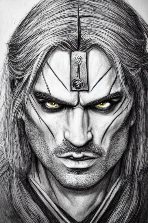 Prompt: mario as The Witcher, pencil art on paper, highly detailed,symmetrical face,symmetrical eyes