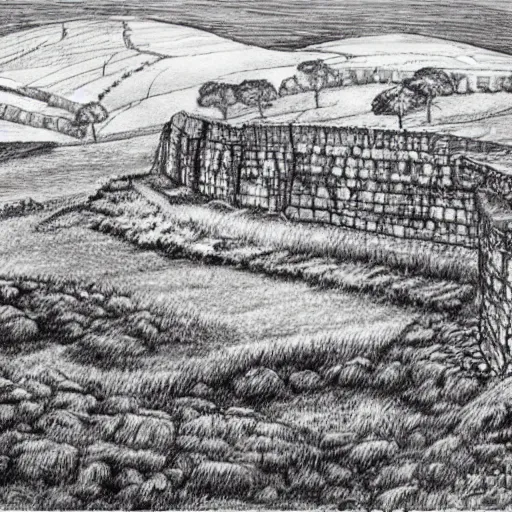 Image similar to pen illustration of hadrian's wall