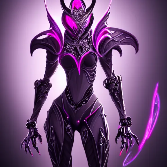 Image similar to highly detailed exquisite fanart, of a beautiful female warframe, but as an anthropomorphic robot dragon with glowing purple eyes, shiny silver armor with fuchsia accents, engraved, elegant pose, close-up shot, full body shot, epic cinematic shot, sharp claws for hands, professional digital art, high end digital art, singular, realistic, DeviantArt, artstation, Furaffinity, 8k HD render