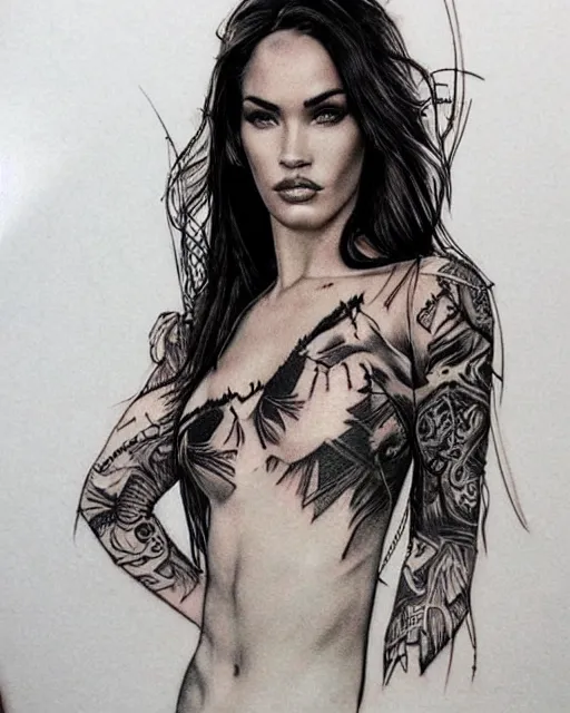 Prompt: creative double exposure effect tattoo design sketch of megan fox with beautiful mountain scenery, realism tattoo, in the style of matteo pasqualin, amazing detail, sharp