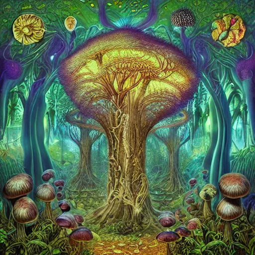 Image similar to psychedelic fantasy forest with glowing mushrooms and eerie trees in the style of Ernst Haeckel and Daniel Merriam, perfect award winning album art