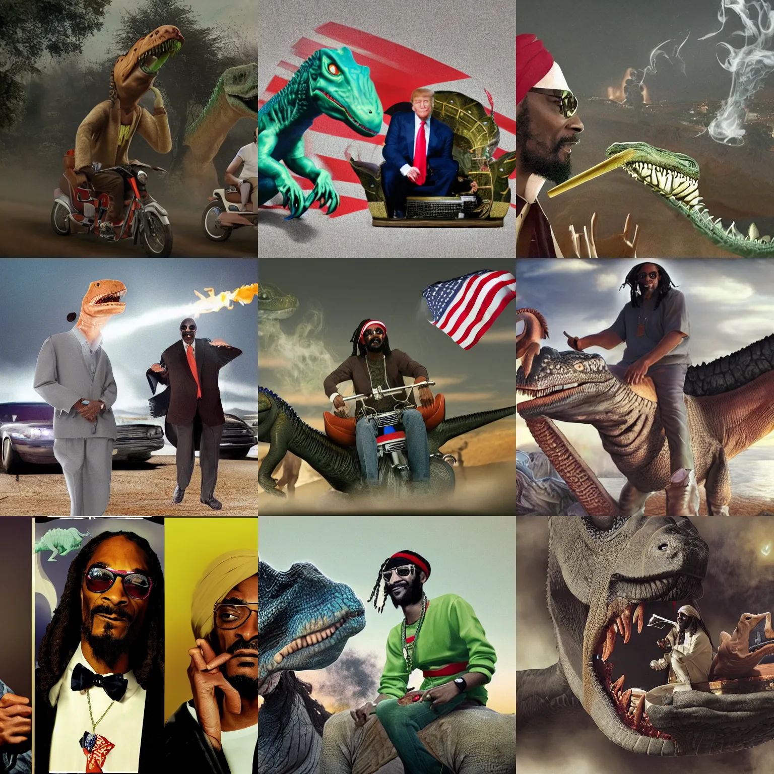 Prompt: snoop dogg and donald trump, they are smoking a joint while riding on the back of a dinosaur while osama bin laden is chasing them while playing the banjo, rendered in octane