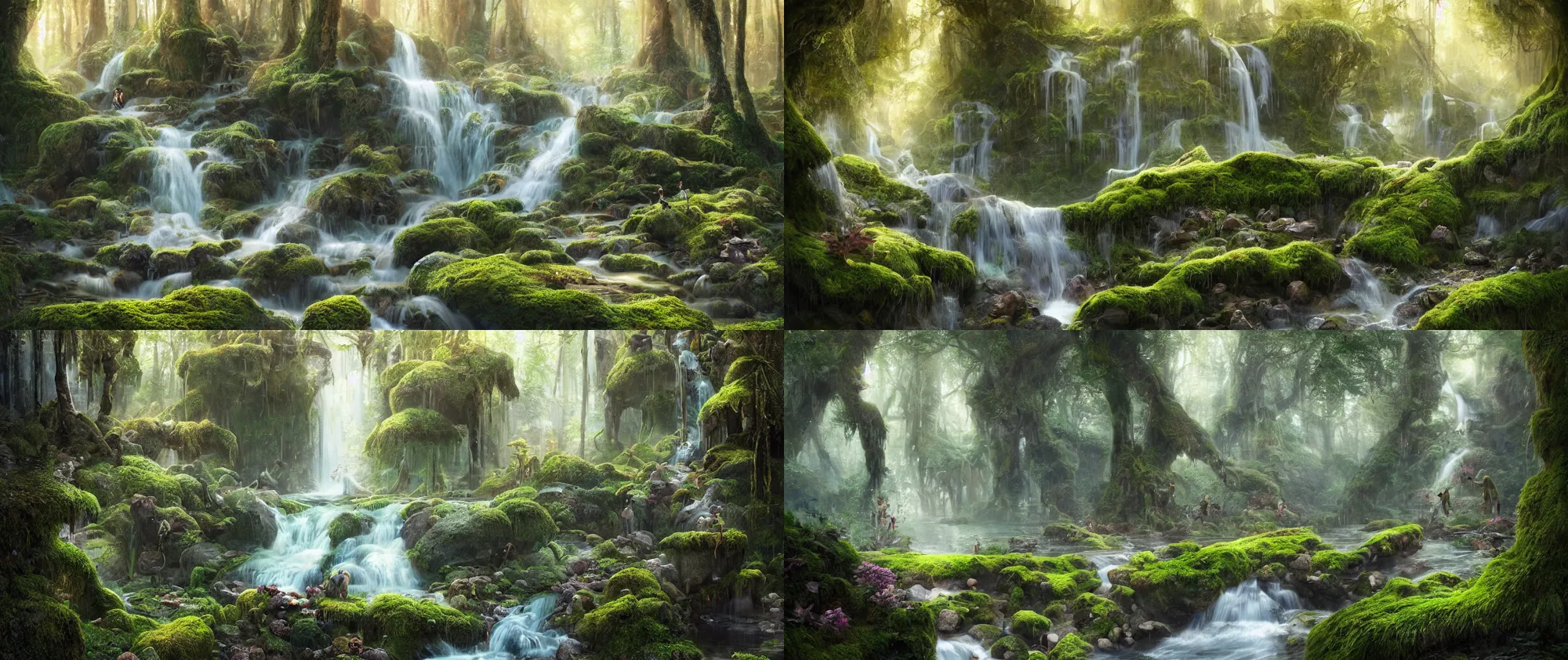 Prompt: Portrait of beautiful forest, floating stones, cascading iridescent waterfalls, dimension of infinitespace, moss plants, by wlop, artgerm, andrei riabovitchev, nuri iyem, james gurney, james jean, greg rutkowski, highly detailed, soft lighting, 8k resolution, oil on canvas