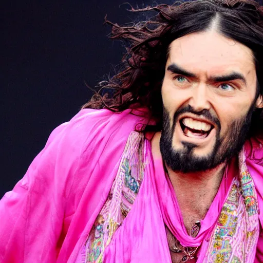 Prompt: russell brand kicking himself in the head while wearing a pink dashiki