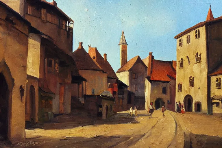 Image similar to middle ages town, oil painting, oil in canvas, brushstrokes