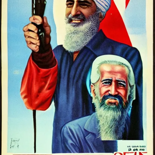 Prompt: islamic soviet propaganda poster of joe biden as osama bin laden in afghanistan