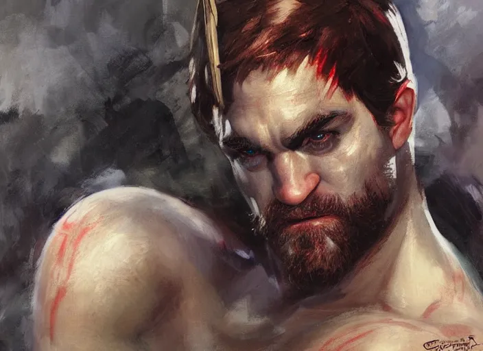 Image similar to a highly detailed beautiful portrait of robert pattison as kratos, by gregory manchess, james gurney, james jean