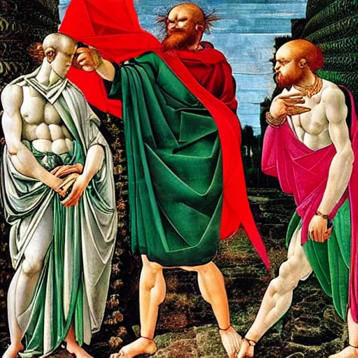 Prompt: ancient greek philosophers wearing gucci colorful intense intricate textile chiton himation cloak tunic detailed streetwear cyberpunk modern fashion michelangelo sandro botticelli