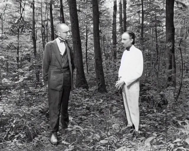 Prompt: edgar cayce and aldous huxley in a forest