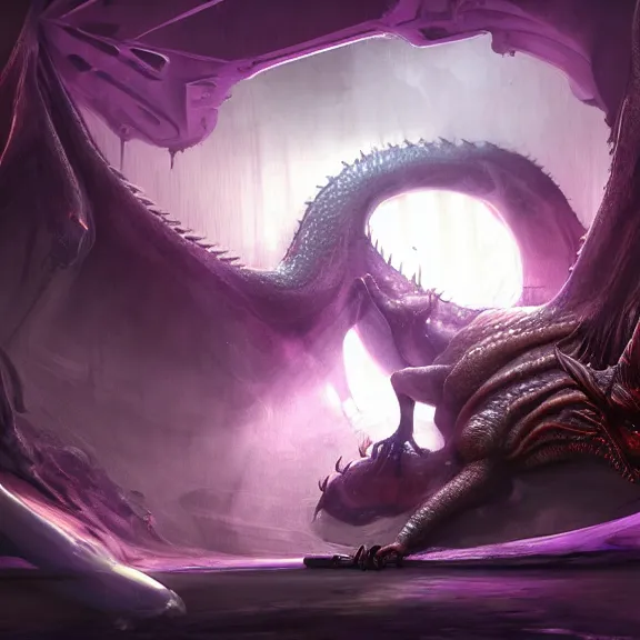 Image similar to inside a cavernous living stomach, the walls purple and pulsing, lots of acid pooling up on the floor, digesting a small dragon, dragon half dissolved on the floor, food pov, micro pov, vore, digital art, furry art, anthro art, warframe infested art, high quality, 8k 3D realistic, macro art, micro art, Furaffinity, Deviantart, Eka's Portal, G6