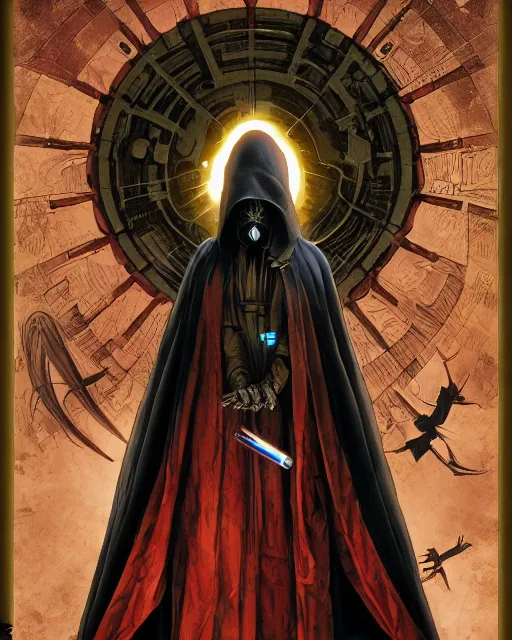 Prompt: sith villain hooded, cloaked ww 1, android, deathpunk, dmt entity, nekro borja, gerald brom, rembrandt, alphonse mucha, james jean, artem chebokha, darren bartley, moebius