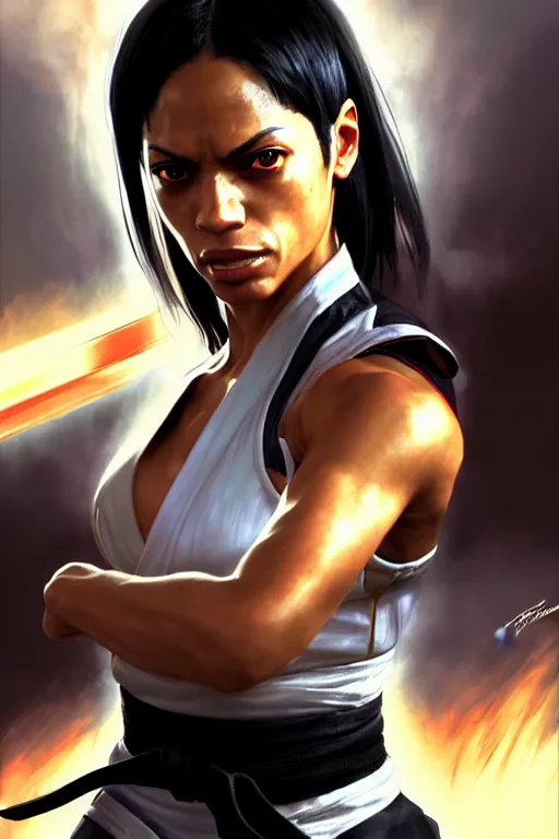 Image similar to Tekken 4 fighter anime Stunning Portrait Rosario Dawson with Karate master uniform, short black hair with a sword on her back in a fighting stance, digital painting, artstation, concept art, soft light, hdri, smooth, sharp focus, illustration, art by tian zi, craig mullins, Mark Arian, WLOP, alphonse mucha