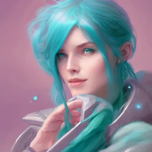 Image similar to teal haired mage, female, glacier landscape, norway, d & d, fantasy, intricate, elegant, highly detailed, digital painting, pink and teal color palette, artstation, octane render, concept art, matte, sharp focus, illustration, herrarthstone, art by artgerm and greg rutkowski and alphonse mucha