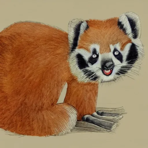 Image similar to cute cartoon drawing of a female anthro red panda waking up from bed yawning and stretching, trending on artstation