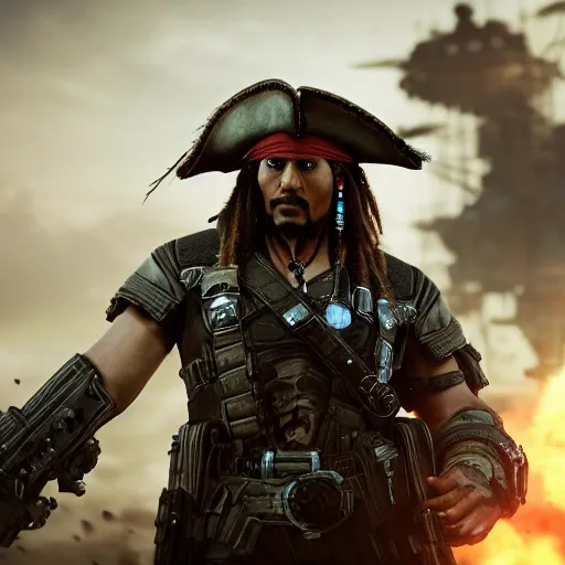 Image similar to captain jack sparrow in gears of war, gears of war, splash art, movie still, cinematic lighting, dramatic, octane render, detailed face, long lens, shallow depth of field, bokeh, anamorphic lens flare, 8 k, hyper detailed, 3 5 mm film grain