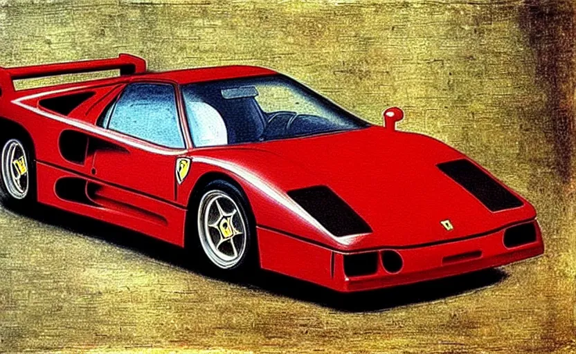 Prompt: Painting of a Ferrari F40, italian High Renaissance art by Leonardo da Vinci